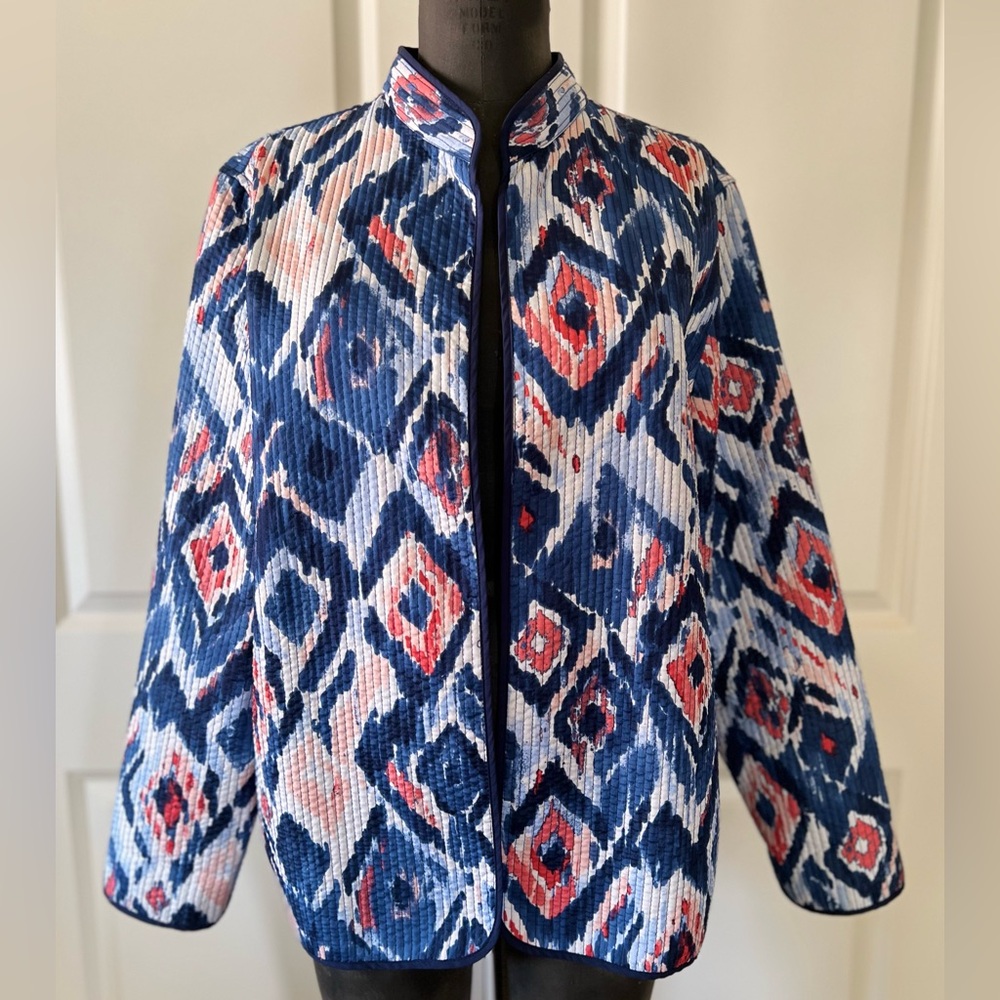 Alfred Dunner Quilted Ikat Print Open Front Jacket Blue Pink Red Size 16